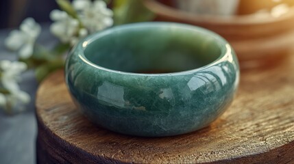 Jade bangle, wooden stand, flowers, sunlight, jewelry shop