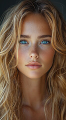 Naklejka premium Natural beauty portrait of a young woman with wavy blonde hair and blue eyes 