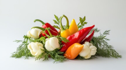 Vibrant Vegetable Composition: A visually appealing arrangement of fresh, colorful vegetables, including bell peppers and garlic, against a plain background.