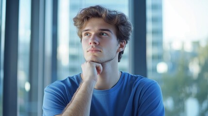 Naklejka premium thoughtful young man looking out window
