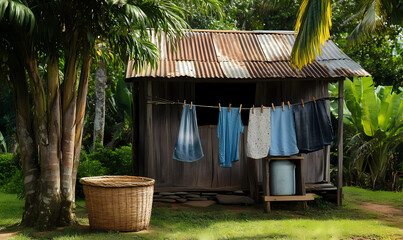 Rustic Wooden Laundry Shack with Tin Roof and Cozy Aesthetic