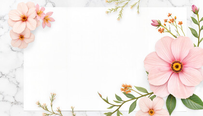 Floral arrangement with pink flowers and greenery on marble background. Mother's Day Card 