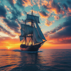 Obraz premium Majestic tall ship sailing at sunset with dramatic clouds and glowing ocean waters. 