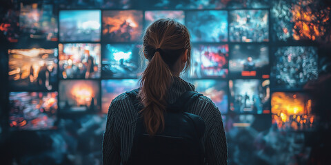 Obraz premium Woman observing a futuristic wall of screens filled with vibrant and dynamic visuals. 