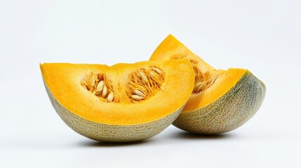 Pumpkin Slices: Two vibrant slices of a ripe pumpkin, revealing its bright orange flesh and tiny seeds, showcase the autumnal harvest.  