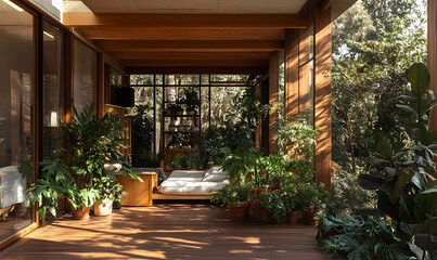 Countryside Home with a Wooden Balcony and Lush Plants Offering a Serene Getaway