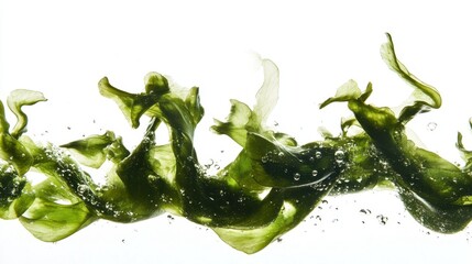 Seaweed's Dance: Close-up shot of vibrant green seaweed, undulating gracefully with water bubbles. The image emphasizes the fresh and dynamic aquatic plant life.