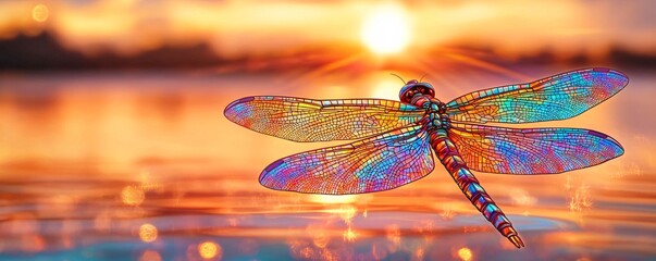 Colorful dragonfly with stained glass wings hovers over the water as the sun sets