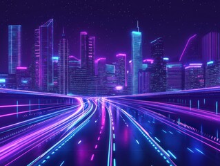 Fototapeta premium Neon city highway night drive, futuristic cityscape background, website banner