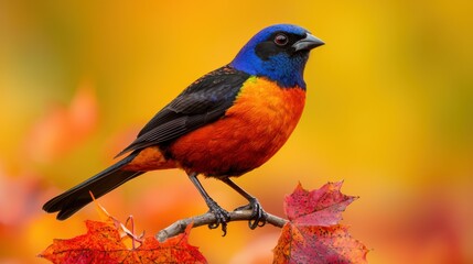 Fototapeta premium A bird is perched on a branch of a tree with orange leaves