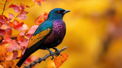 Naklejka premium A colorful bird perched on a branch in a tree with orange leaves