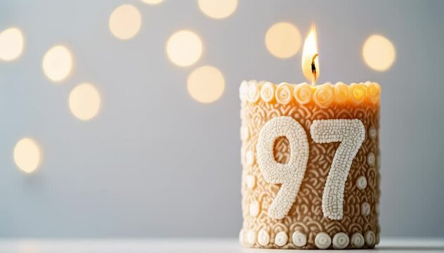A Beautifully Crafted 97th Birthday Candle with Elegant Decorative Elements Glowing Softly Against a Blurred Background of Warm Lights
