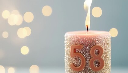 A Close-Up View of a 58th Birthday Candle with a Soft Glow and Sparkling Decoration, Perfectly Capturing the Essence of Celebration and Milestones