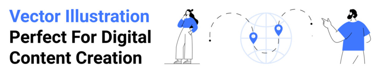 Woman pondering, man explaining near globe with geolocation markers and dotted arrows. Ideal for teamwork, discussion, navigation, global connection, education, geolocation, flat landing page banner
