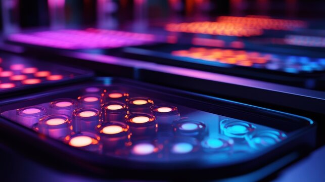 A closeup image of a multiwell plate each well containing various cell types and fluorescent dyes showcasing the automated transport mechanism that ensures efficient imaging across