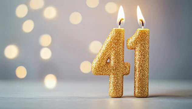 Golden Sparkling Candles in the Shape of Number 41, Illuminating a Celebratory Scene with Soft Bokeh Lights in the Background