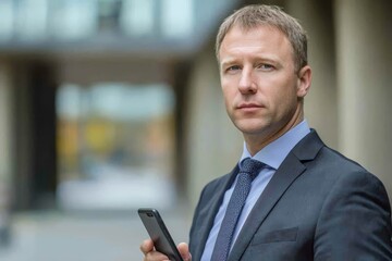 Business portrait of caucasian businessman in business suit holding mobile phone on hand.