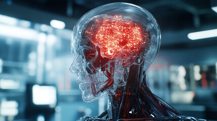 Futuristic 3D-rendered human head with a glowing brain structure composed of neural connections, representing artificial intelligence and cognitive science