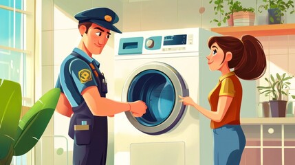 Repairman fixing a washing machine for a woman at home.