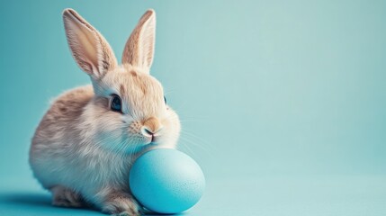 Obraz premium Bunny with a blue egg on a pastel background.