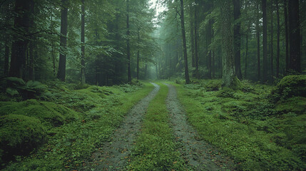 Fototapeta premium Misty forest path, green moss, trees, nature. Use Nature background