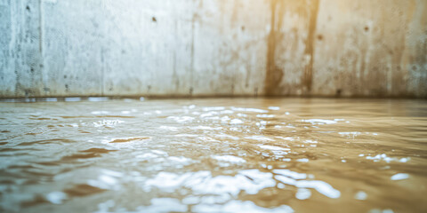 Flooded basement with standing water, beams, concrete walls, water damage consequences.