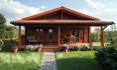 Fototapeta premium Lovely Wooden House with a Charming Porch and Flowery Garden, Perfect for a Cozy Family Home
