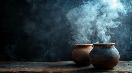 Two ancient clay pots with rising smoke on a rustic wooden table