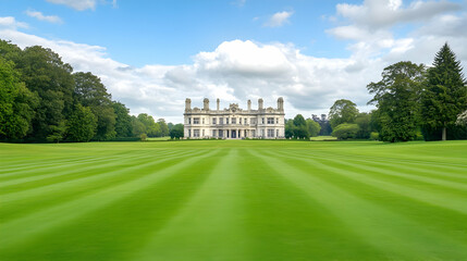 Obraz premium Elegant country house estate, manicured lawns, blue sky, summer day, idyllic setting; perfect for real estate, travel brochures