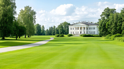 Elegant white mansion on a sunny day, park pathway leads to it, lush green lawn, blue sky. Ideal for real estate or travel brochures