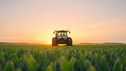 Fototapeta premium Farmers driving tractor across field at sunset. Agricultural work, rural landscape background. Ideal for farming, agriculture, and rural life content
