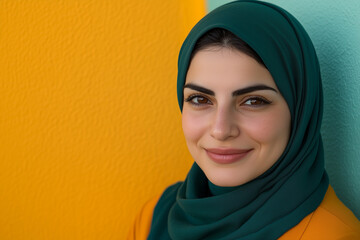 Naklejka premium Middle Eastern woman wearing a hijab smiling isolated on a color background