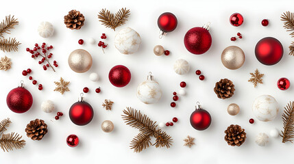 Festive red and gold Christmas ornaments, pine cones, and berries arranged on white background; perfect for holiday cards or website banners
