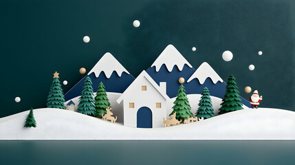 Naklejka premium Festive winter scene Santa, reindeer, and cozy house nestled in snowy mountains. Ideal for holiday cards or website banners