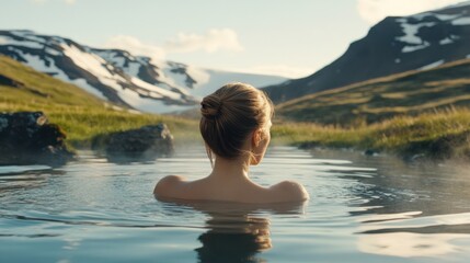 Fototapeta premium Serene hot spring in a mountainous landscape.