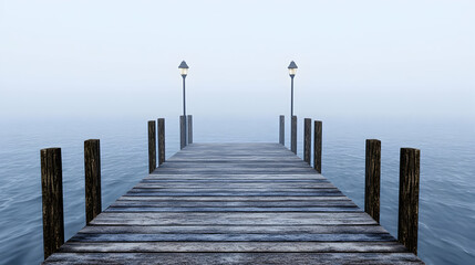 Naklejka premium Foggy pier extending into calm water, two lamps on either side, misty background. Perfect for travel or tranquility themes