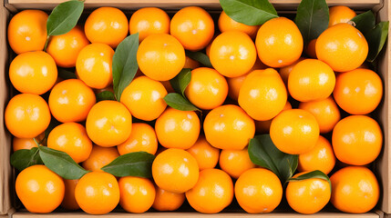 Fresh Mandarin Oranges in Cardboard Box, Top View, Farm Harvest, Food Background