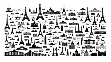 Obraz premium A collection of stylized black icon graphics on a clean white background depicting different types of architectural buildings and structures such as bridges towers and traditional homes in a modern