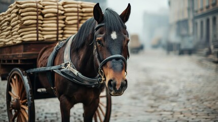 Obraz premium Vintage postal delivery horse drawn cart transporting mailbags on a cobblestone street in an old city The scene depicts a historical urban setting with traditional architecture and a nostalgic