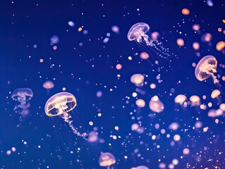 Naklejka premium A mesmerizing ballet of jellyfish dancing through the deep blue ocean space