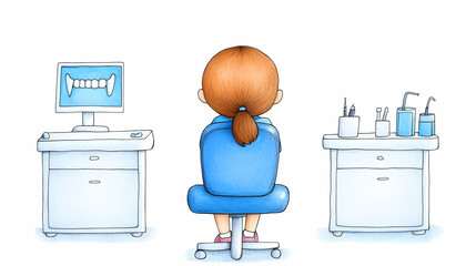 Girl at dentist, X-ray on screen, dental tools nearby, white background; pediatric dentistry illustration