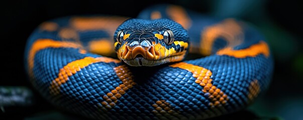 Fototapeta premium Vibrant Blue and Orange Python Coiled Tightly Around a Tree Branch in a Lush Densely Forested Tropical Habitat