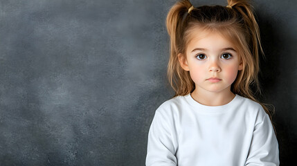 Girl, serious expression, dark background, studio portrait, child model
