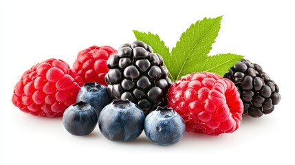 A beautifully arranged mix of wild berries--raspberries, blueberries, and blackberries--isolated on a white backdrop, showcasing the colors and textures in full depth of field
