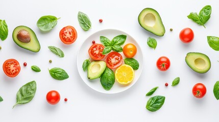 Naklejka premium A beautifully curated fruit and vegetable spread on a clean white plate, featuring cherry tomatoes, avocados, and basil leaves, with soft natural lighting enhancing the fresh colors.