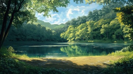 serene lake in lush green forest