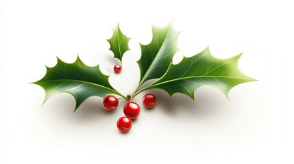 A beautifully detailed illustration of holly leaves with bold, contrasting green and red hues, set against a white background with full depth of field