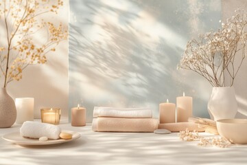 Conjunto de itens de spa com toalhas, velas e elementos decorativos em tons neutros, capturados com luz natural suave, criado com IA generativa.