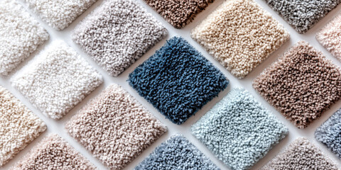 Samples of carpeting for flooring. Assortment of different colors, textures, fabrics. Wide selection of samples of soft floor covering.