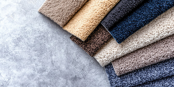 Samples of carpeting for flooring. Assortment of different colors, textures, fabrics. Wide selection of samples of soft floor covering.